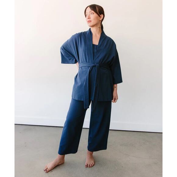 Storq Navy Belted Wide Sleeve Kimono Cardigan Sweater Maternity Small Lounge - Picture 2 of 9